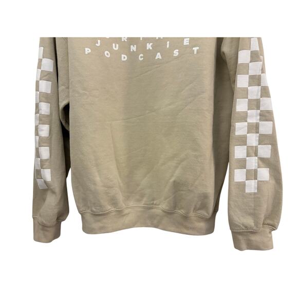 Crime Junkie Podcast Beige Sweatshirt Checkered Sleeve Accents 100% Cotton - Picture 2 of 7